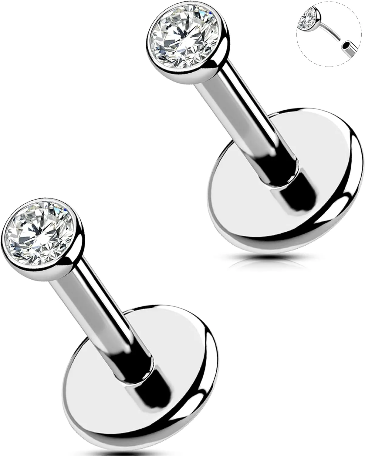 2Pcs 20G/18G/16G Threadless Nose Stud Flat Back Earrings 316L Surgical Steel CZ Daity Nose Helix Cartilage Tragus Conch Labret Medusa Monroe Piercing Jewelry for Women Men