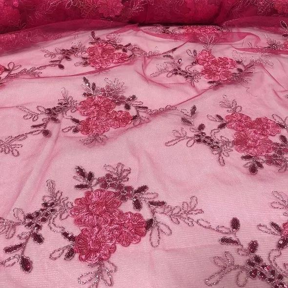 7pcs - Ribbon Mesh Lace Table Linen 132" Round - Fuchsia