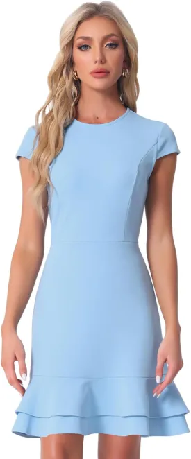 Allegra K Women's Cap Sleeves Round Neck Tiered Ruffled Hem Above Knee Dress