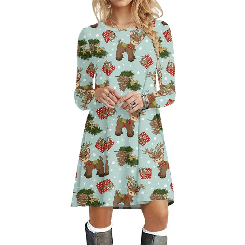 Amy Fashion - Christmas Deer Long Sleeve 3D Print Mini Dress