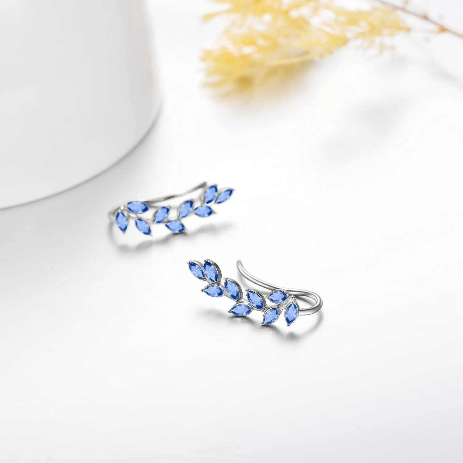 AOBOCO Leaf Ear Climbers Earrings Hypoallergenic 925 Sterling Silver Ear Crawler Cuff Earrings for Sensitive Ears, Made with Austrian Crystals