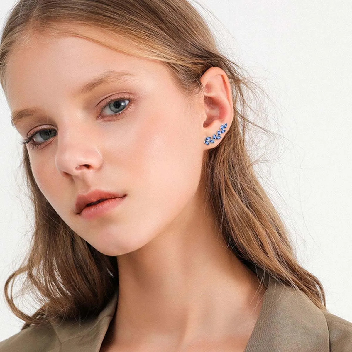 AOBOCO Leaf Ear Climbers Earrings Hypoallergenic 925 Sterling Silver Ear Crawler Cuff Earrings for Sensitive Ears, Made with Austrian Crystals
