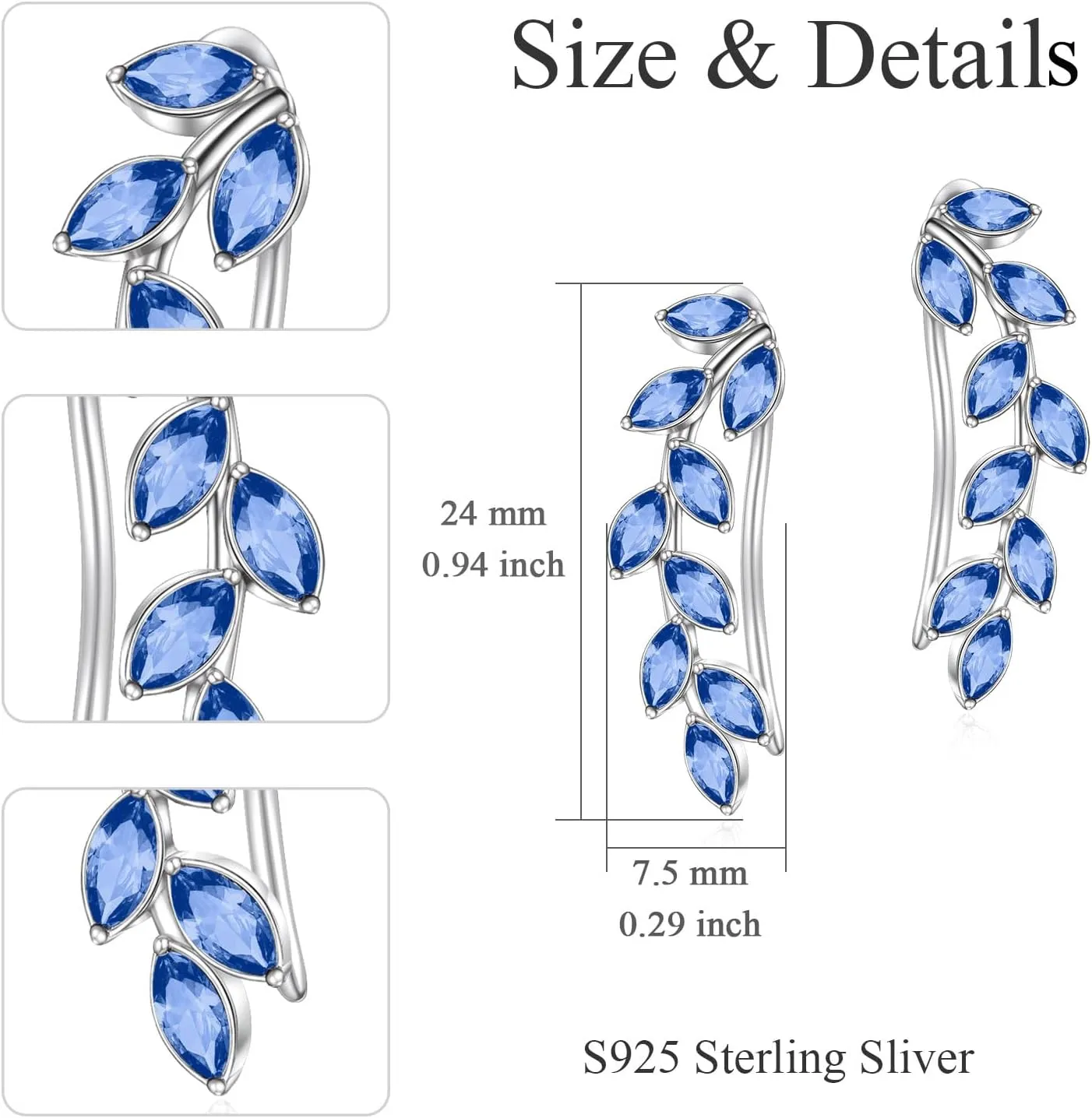 AOBOCO Leaf Ear Climbers Earrings Hypoallergenic 925 Sterling Silver Ear Crawler Cuff Earrings for Sensitive Ears, Made with Austrian Crystals