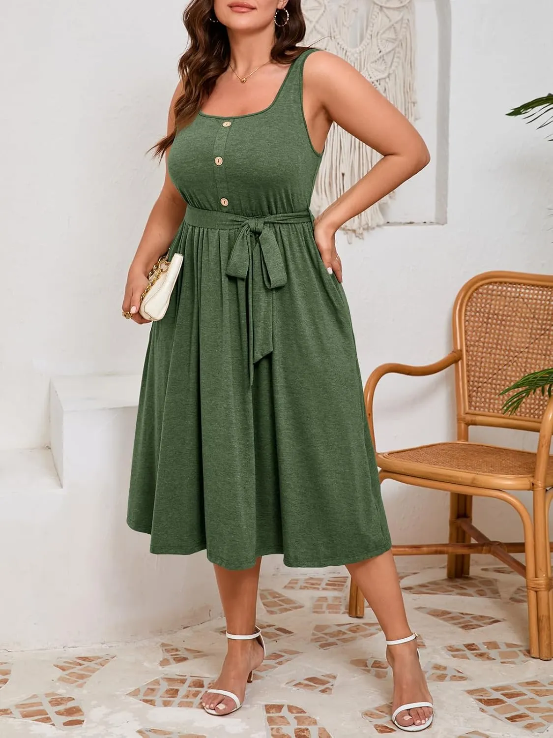Beautife Women's Plus Size Summer Midi Dress Sleeveless A-Line Square Neck Pleated Belted Tank Dress