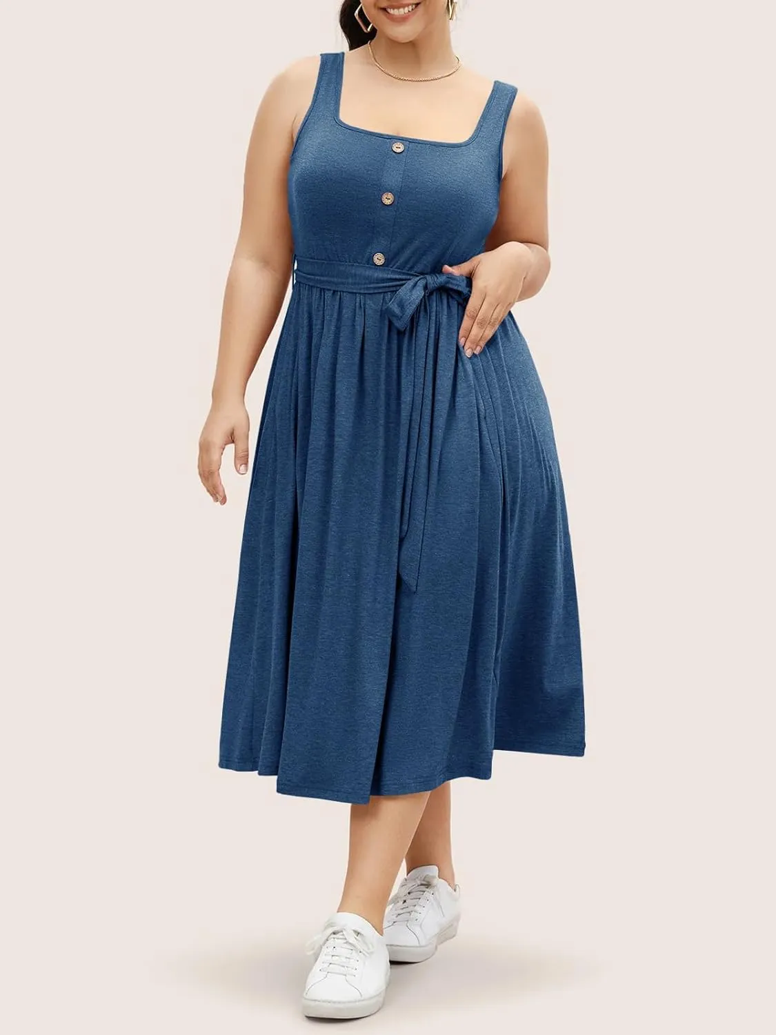 Beautife Women's Plus Size Summer Midi Dress Sleeveless A-Line Square Neck Pleated Belted Tank Dress