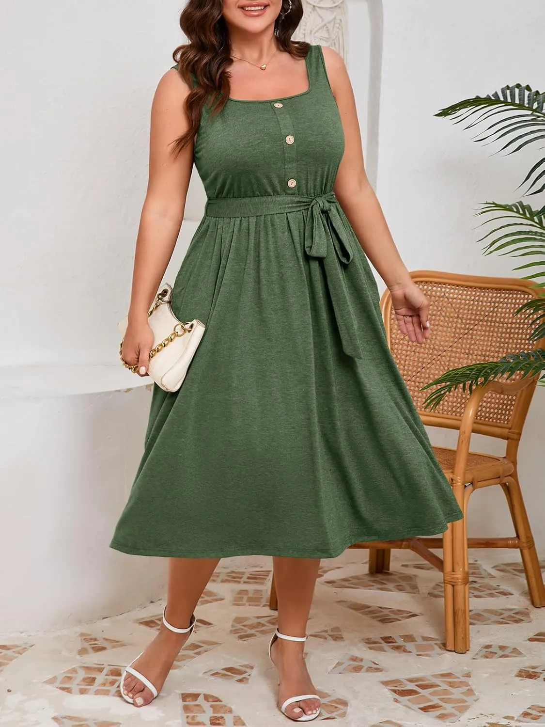 Beautife Women's Plus Size Summer Midi Dress Sleeveless A-Line Square Neck Pleated Belted Tank Dress