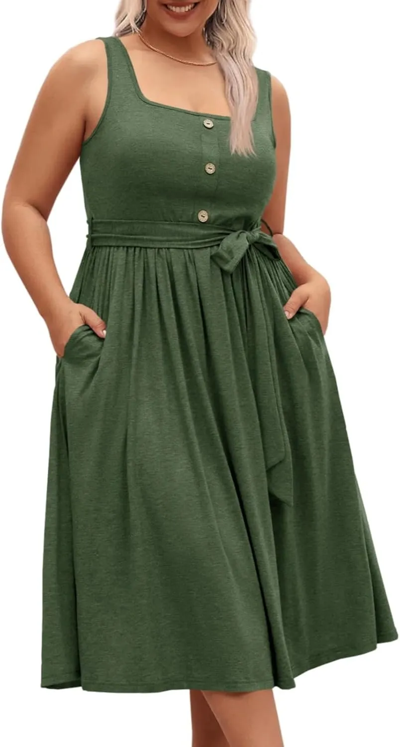 Beautife Women's Plus Size Summer Midi Dress Sleeveless A-Line Square Neck Pleated Belted Tank Dress