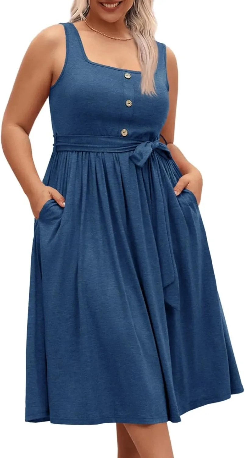 Beautife Women's Plus Size Summer Midi Dress Sleeveless A-Line Square Neck Pleated Belted Tank Dress