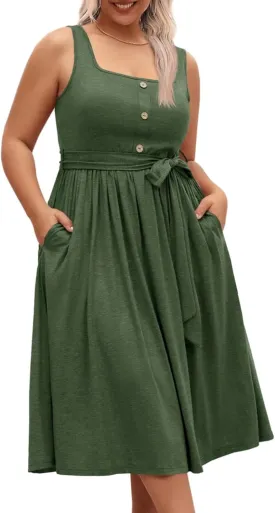 Beautife Women's Plus Size Summer Midi Dress Sleeveless A-Line Square Neck Pleated Belted Tank Dress