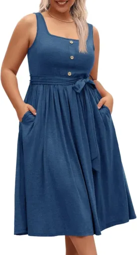Beautife Women's Plus Size Summer Midi Dress Sleeveless A-Line Square Neck Pleated Belted Tank Dress