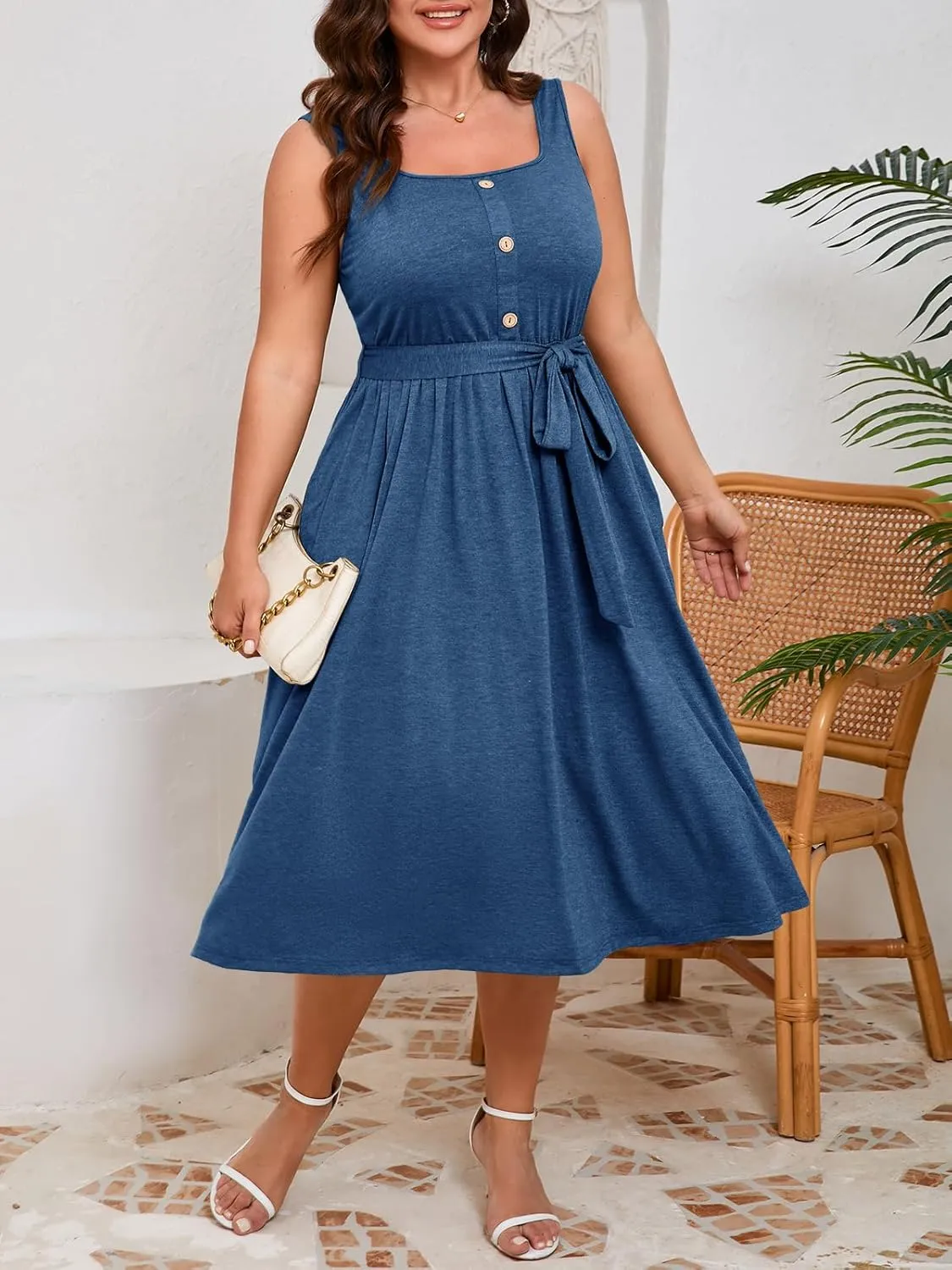 Beautife Women's Plus Size Summer Midi Dress Sleeveless A-Line Square Neck Pleated Belted Tank Dress