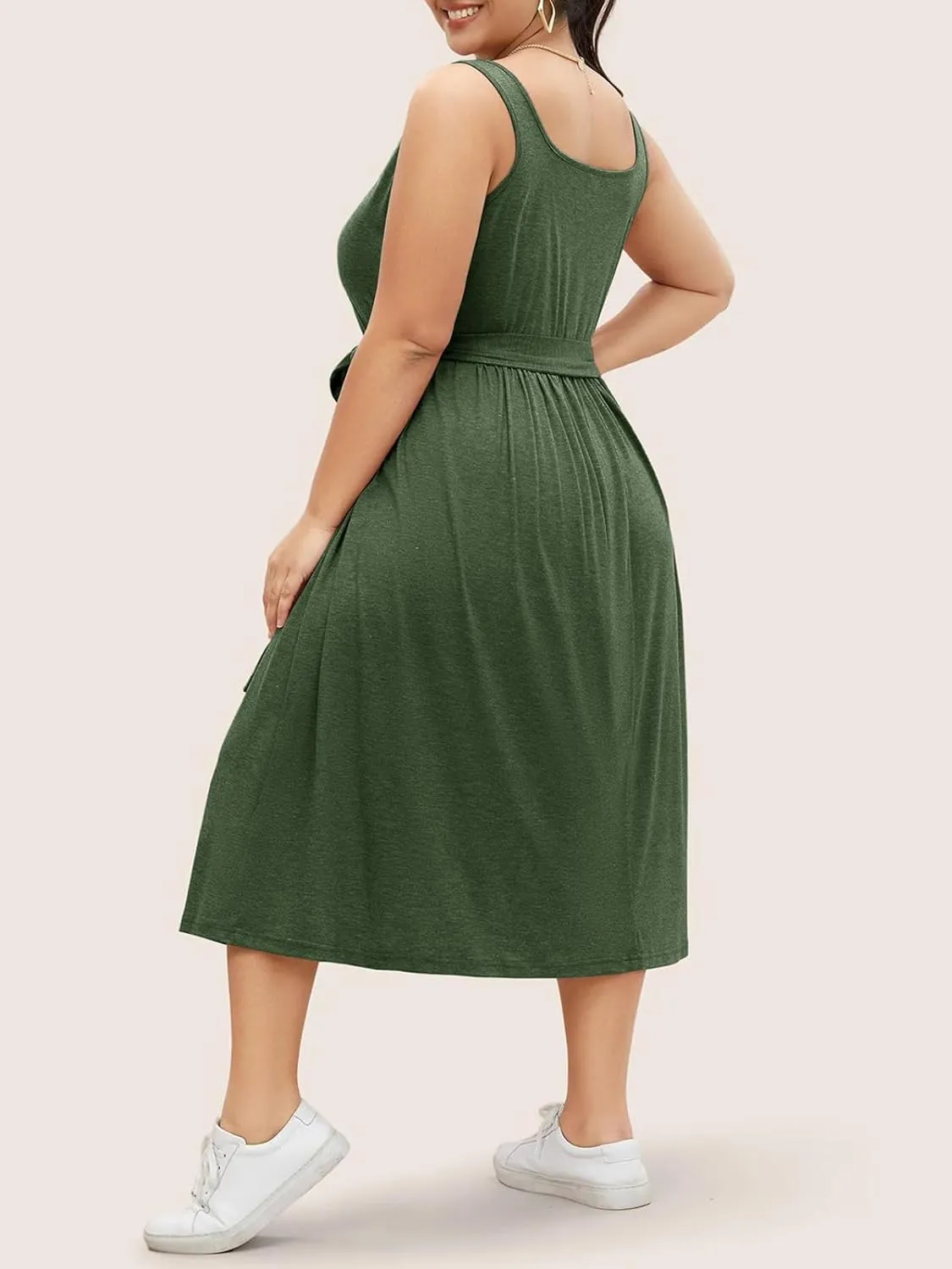 Beautife Women's Plus Size Summer Midi Dress Sleeveless A-Line Square Neck Pleated Belted Tank Dress