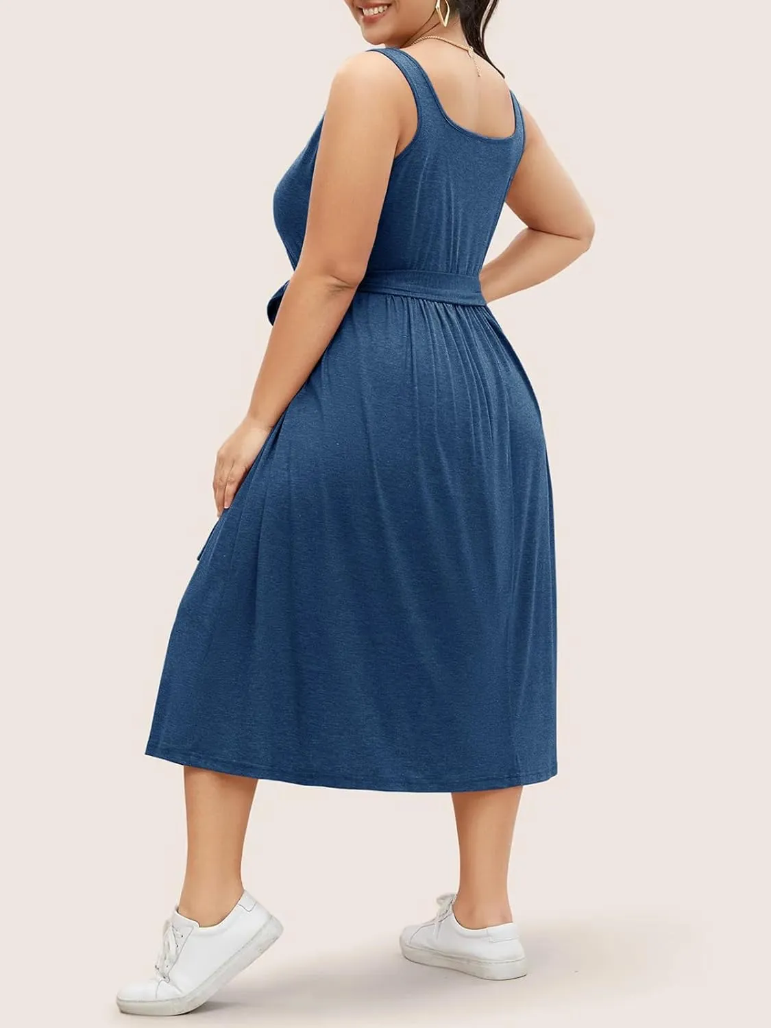Beautife Women's Plus Size Summer Midi Dress Sleeveless A-Line Square Neck Pleated Belted Tank Dress