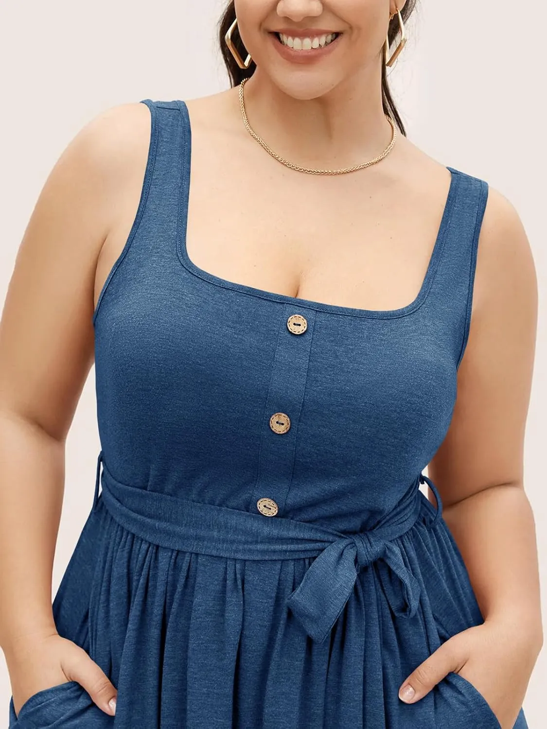 Beautife Women's Plus Size Summer Midi Dress Sleeveless A-Line Square Neck Pleated Belted Tank Dress