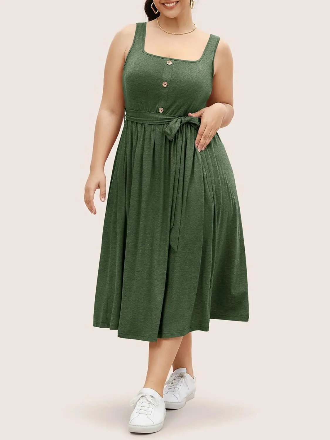 Beautife Women's Plus Size Summer Midi Dress Sleeveless A-Line Square Neck Pleated Belted Tank Dress