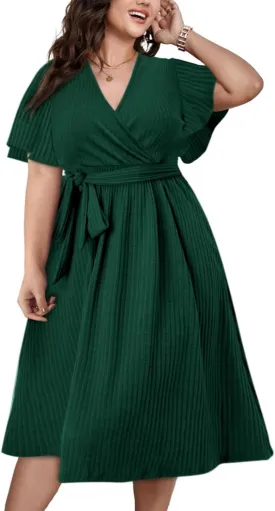 Beautife Women's Plus Size V Neck Dress Tie Front Ruffle Short Sleeve Ribbed Knit Summer Midi Dresses
