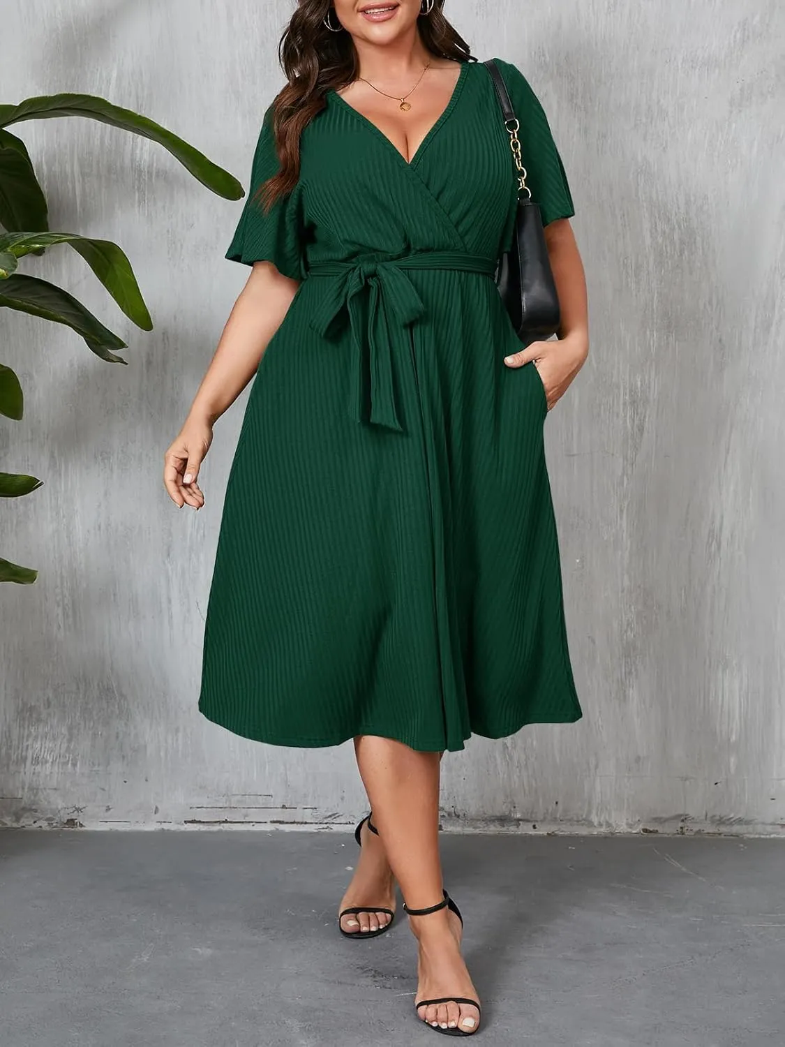 Beautife Women's Plus Size V Neck Dress Tie Front Ruffle Short Sleeve Ribbed Knit Summer Midi Dresses