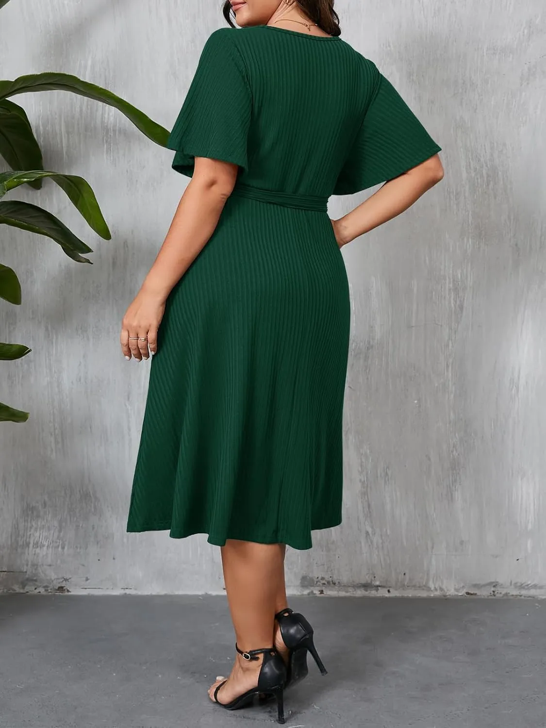 Beautife Women's Plus Size V Neck Dress Tie Front Ruffle Short Sleeve Ribbed Knit Summer Midi Dresses