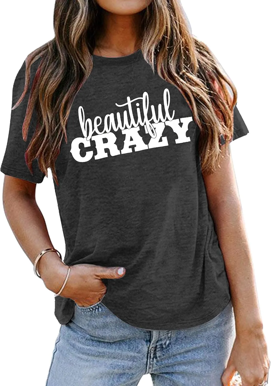 Beautiful Crazy T-Shirt Women Western Country Music Shirts Inspirational Letter Print Tee Cowgirl Vintage Graphic Tee Tops