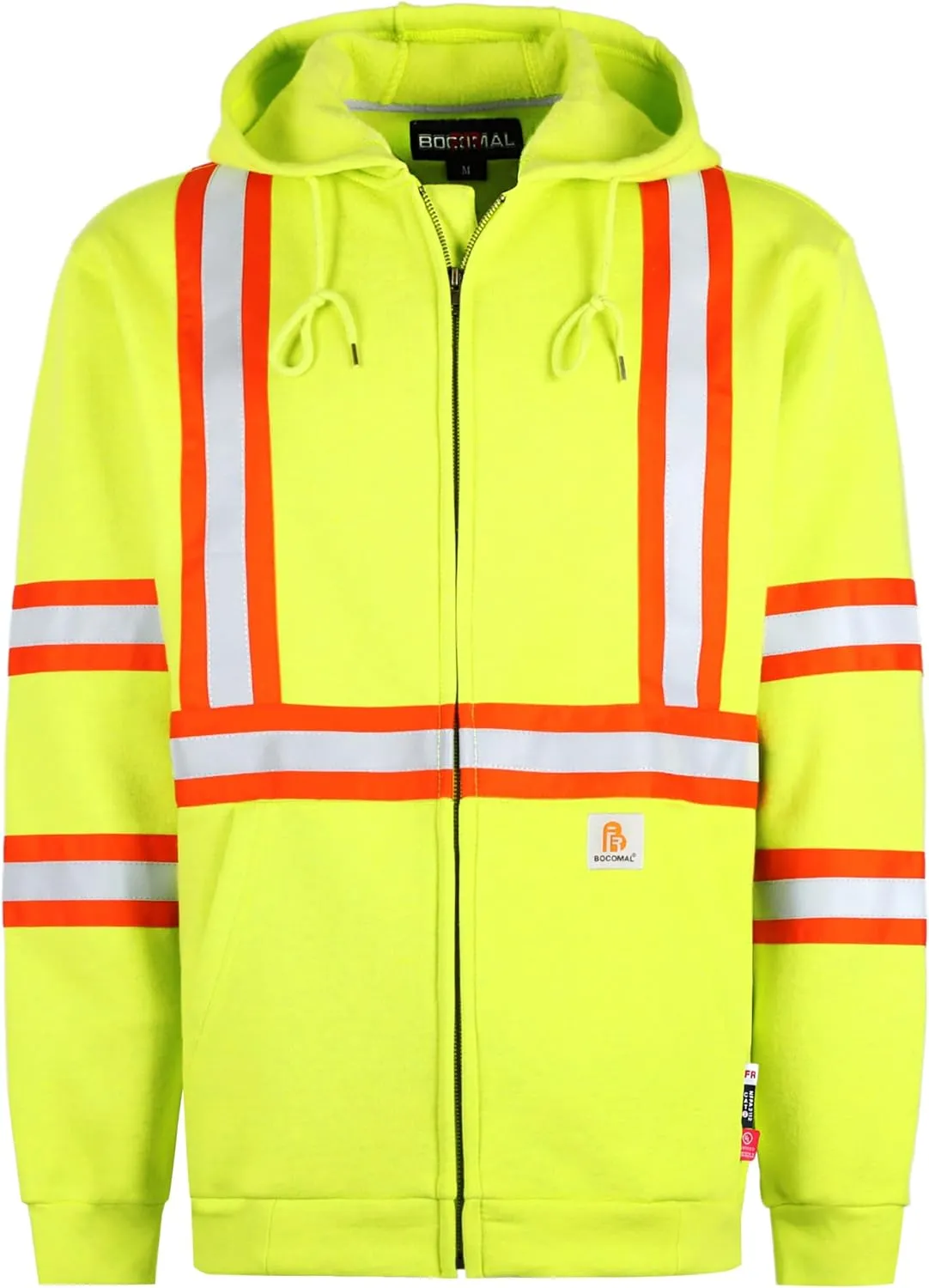 BOCOMAL FR Hoodies High Visibility 10.5oz Cottion Fleece Zipper Hi Vis Flame Resistant Reflective Hooded Sweatshirts