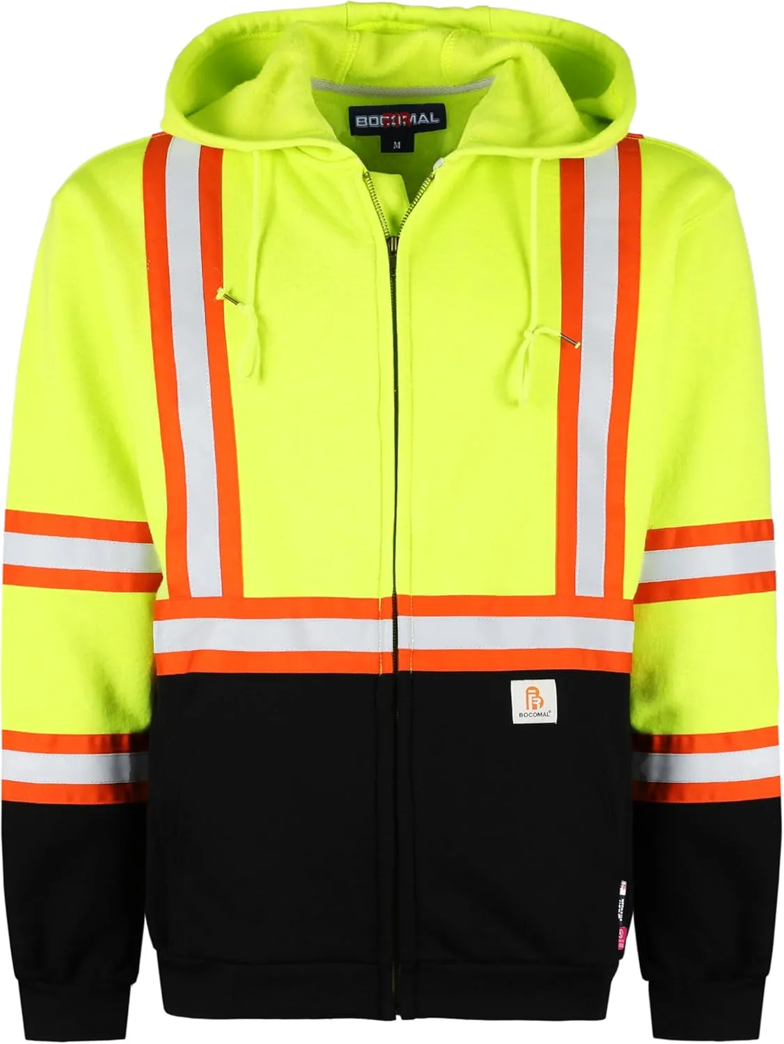 BOCOMAL FR Hoodies High Visibility 10.5oz Cottion Fleece Zipper Hi Vis Flame Resistant Reflective Hooded Sweatshirts