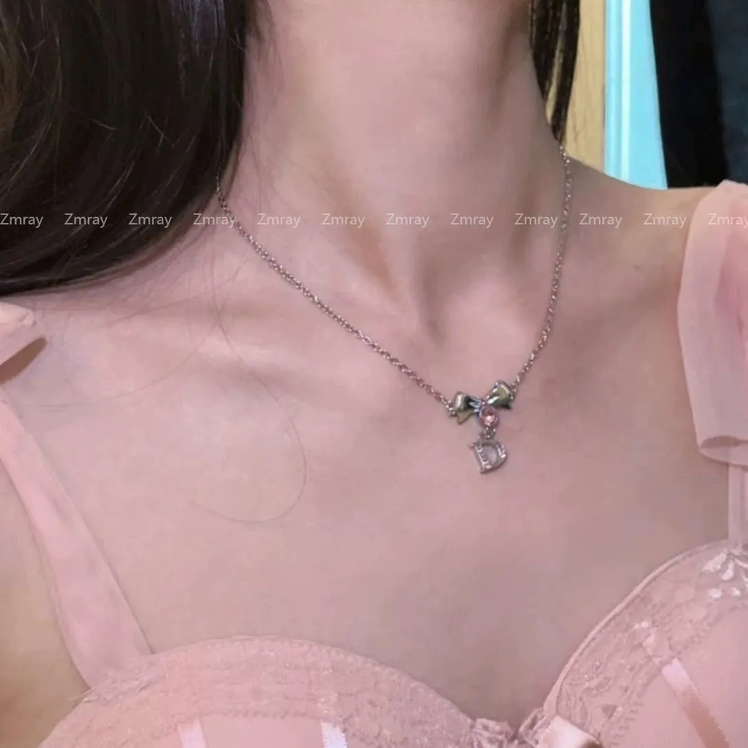 Bow pendant necklace vintage CD letter pink diamond necklace