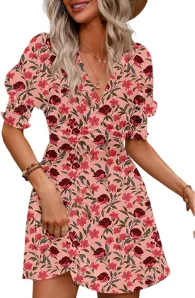Dokotoo Summer Dresses for Women 2025 Sexy Wrap V Neck Short Puff Sleeve Elegant Floral Smocked Waist Flowy Mini Dress