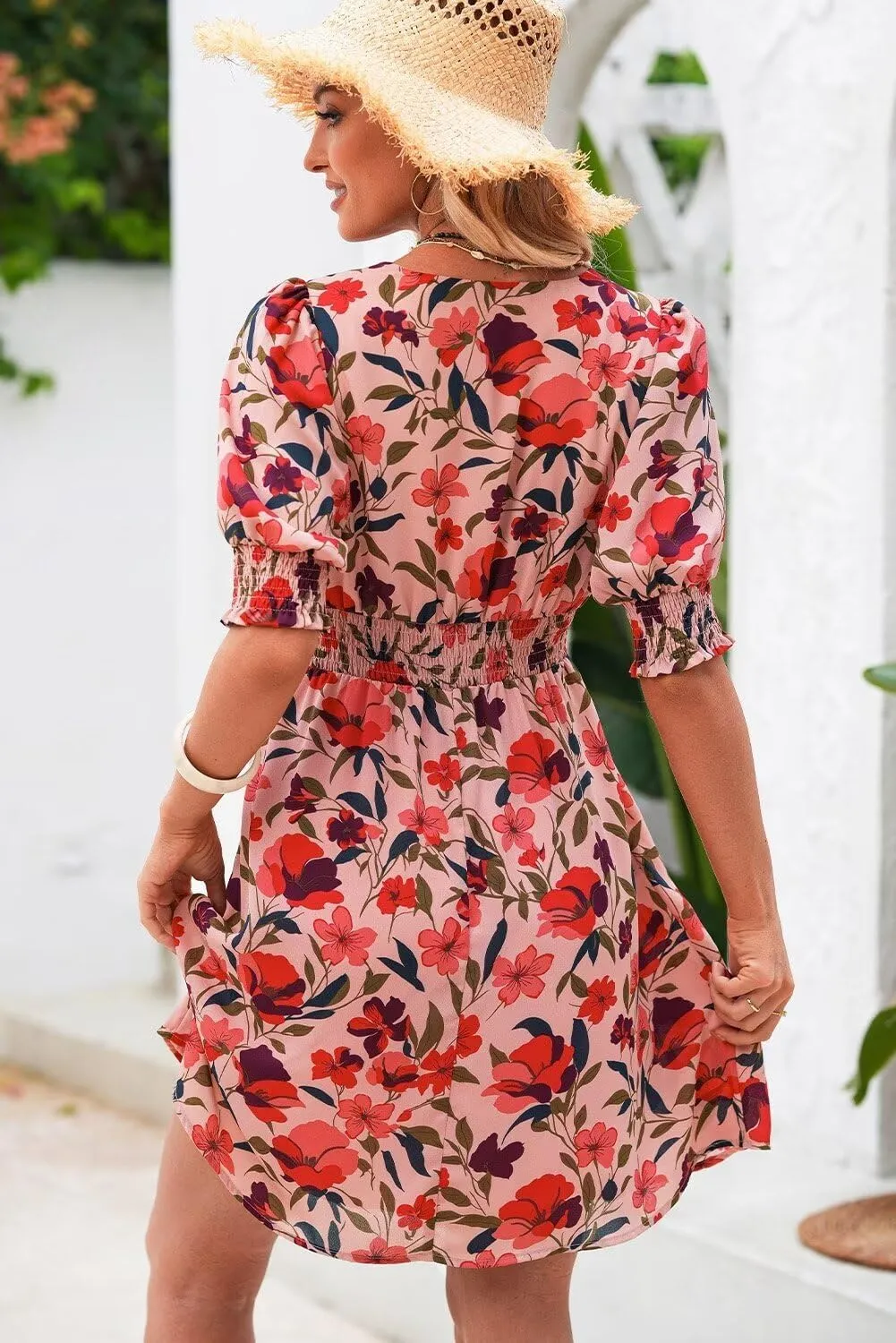 Dokotoo Summer Dresses for Women 2025 Sexy Wrap V Neck Short Puff Sleeve Elegant Floral Smocked Waist Flowy Mini Dress