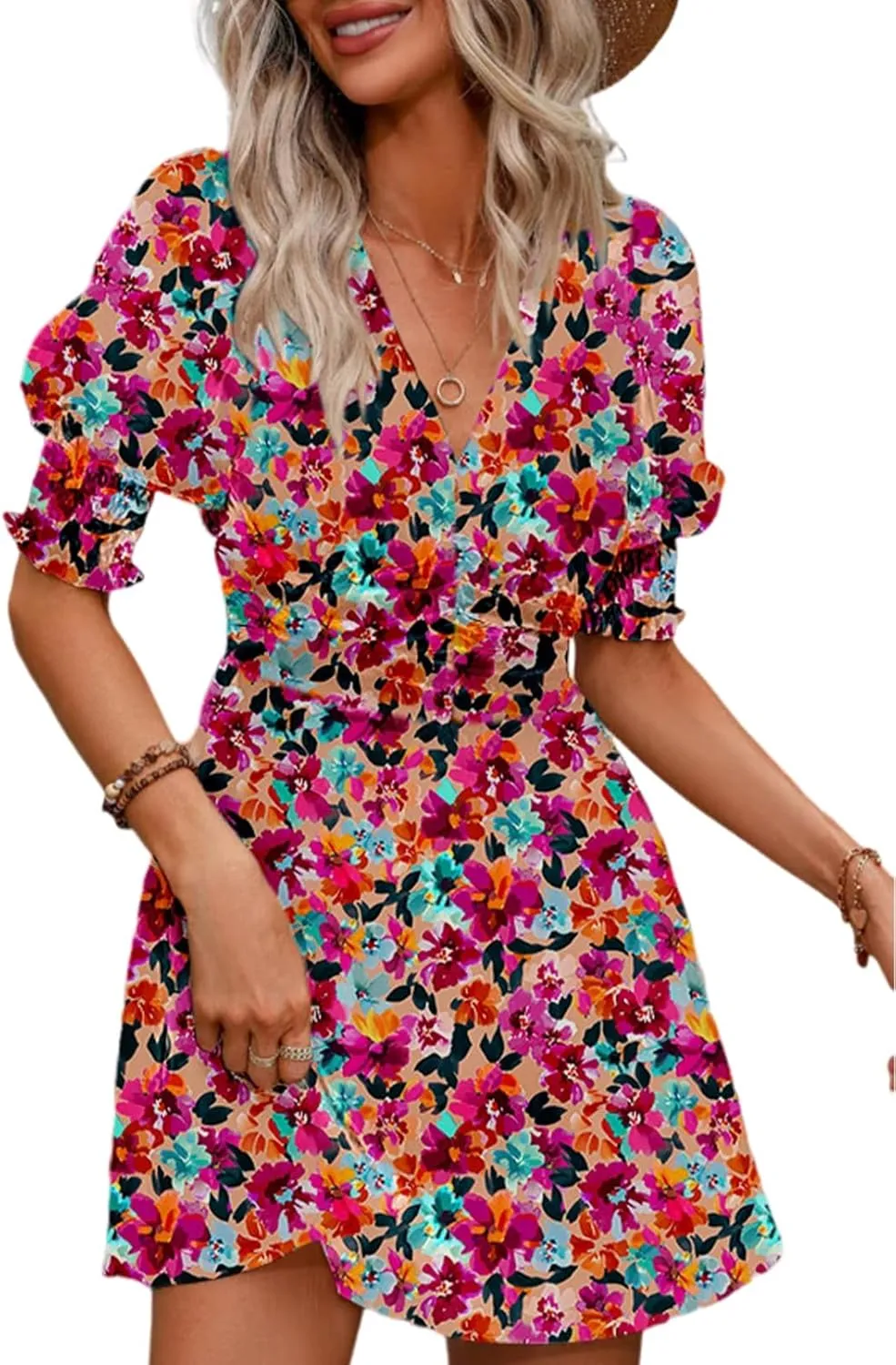 Dokotoo Summer Dresses for Women 2025 Sexy Wrap V Neck Short Puff Sleeve Elegant Floral Smocked Waist Flowy Mini Dress