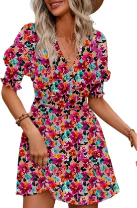 Dokotoo Summer Dresses for Women 2025 Sexy Wrap V Neck Short Puff Sleeve Elegant Floral Smocked Waist Flowy Mini Dress