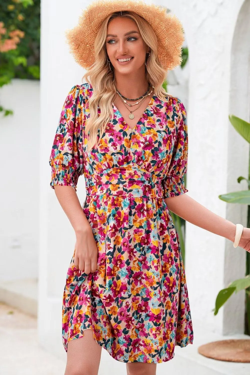 Dokotoo Summer Dresses for Women 2025 Sexy Wrap V Neck Short Puff Sleeve Elegant Floral Smocked Waist Flowy Mini Dress
