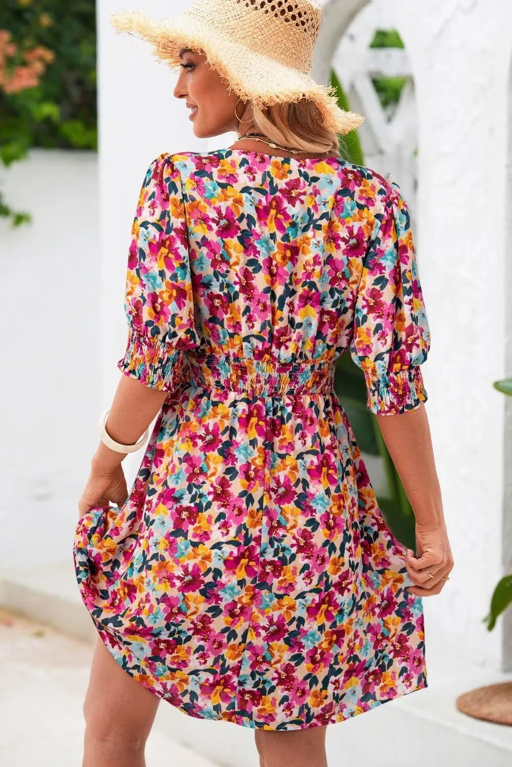 Dokotoo Summer Dresses for Women 2025 Sexy Wrap V Neck Short Puff Sleeve Elegant Floral Smocked Waist Flowy Mini Dress