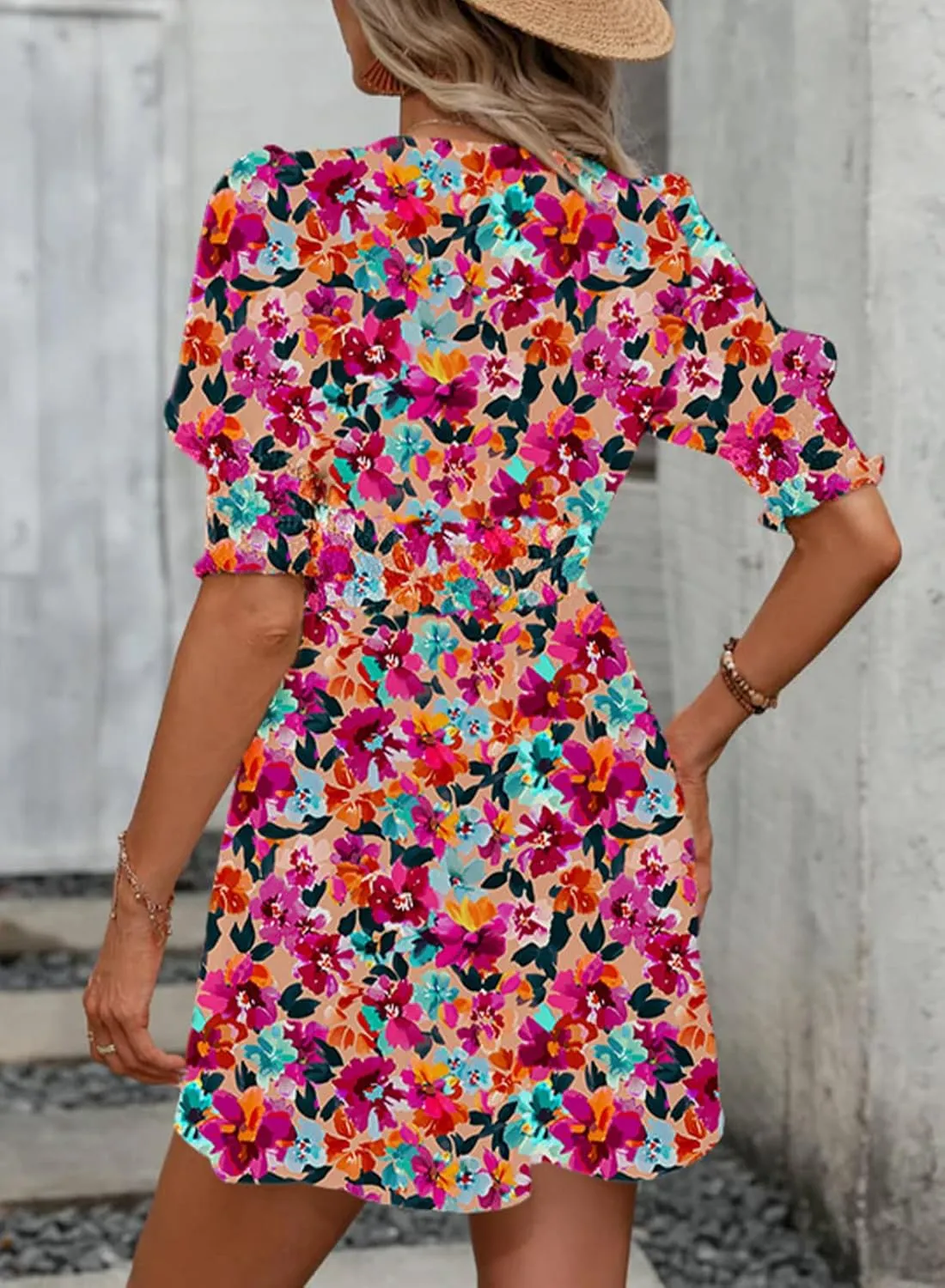 Dokotoo Summer Dresses for Women 2025 Sexy Wrap V Neck Short Puff Sleeve Elegant Floral Smocked Waist Flowy Mini Dress