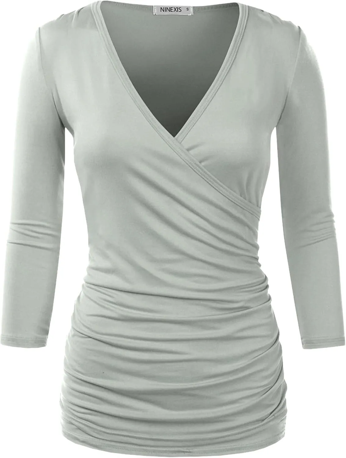 DOUBLJU 3/4 Sleeve Satin Ruched Hem Tank Tops Deep V Neck Tops Casual Basic Wrap Style T Shirts for Womens with Plus Size