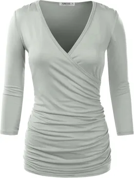DOUBLJU 3/4 Sleeve Satin Ruched Hem Tank Tops Deep V Neck Tops Casual Basic Wrap Style T Shirts for Womens with Plus Size