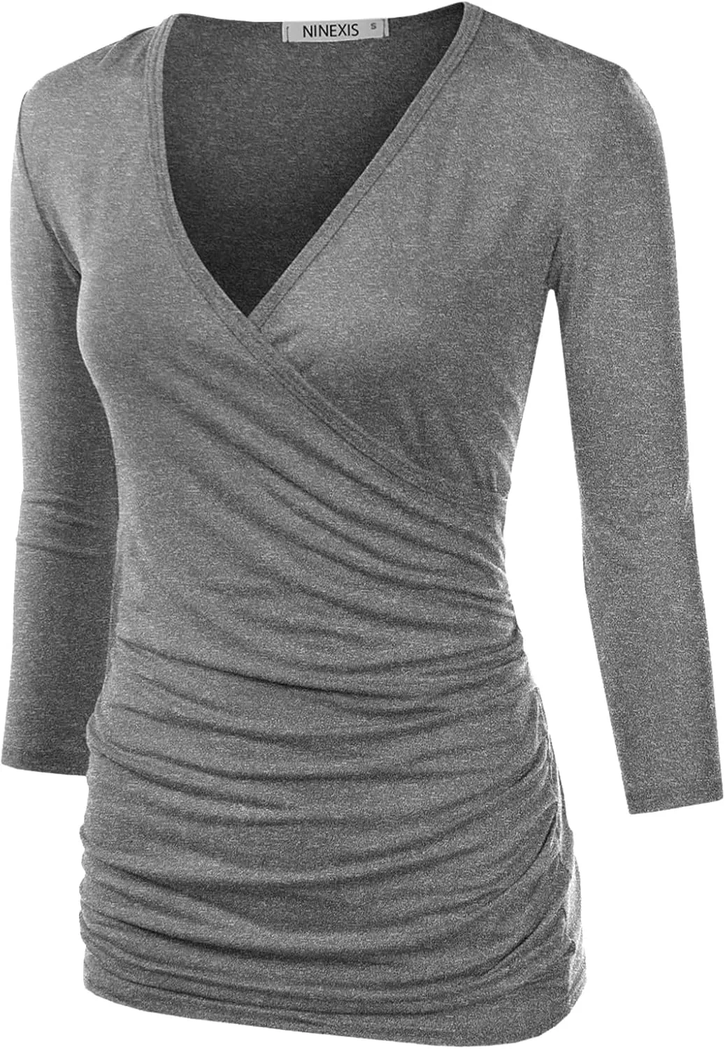 DOUBLJU 3/4 Sleeve Satin Ruched Hem Tank Tops Deep V Neck Tops Casual Basic Wrap Style T Shirts for Womens with Plus Size