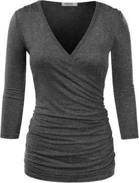 DOUBLJU 3/4 Sleeve Satin Ruched Hem Tank Tops Deep V Neck Tops Casual Basic Wrap Style T Shirts for Womens with Plus Size