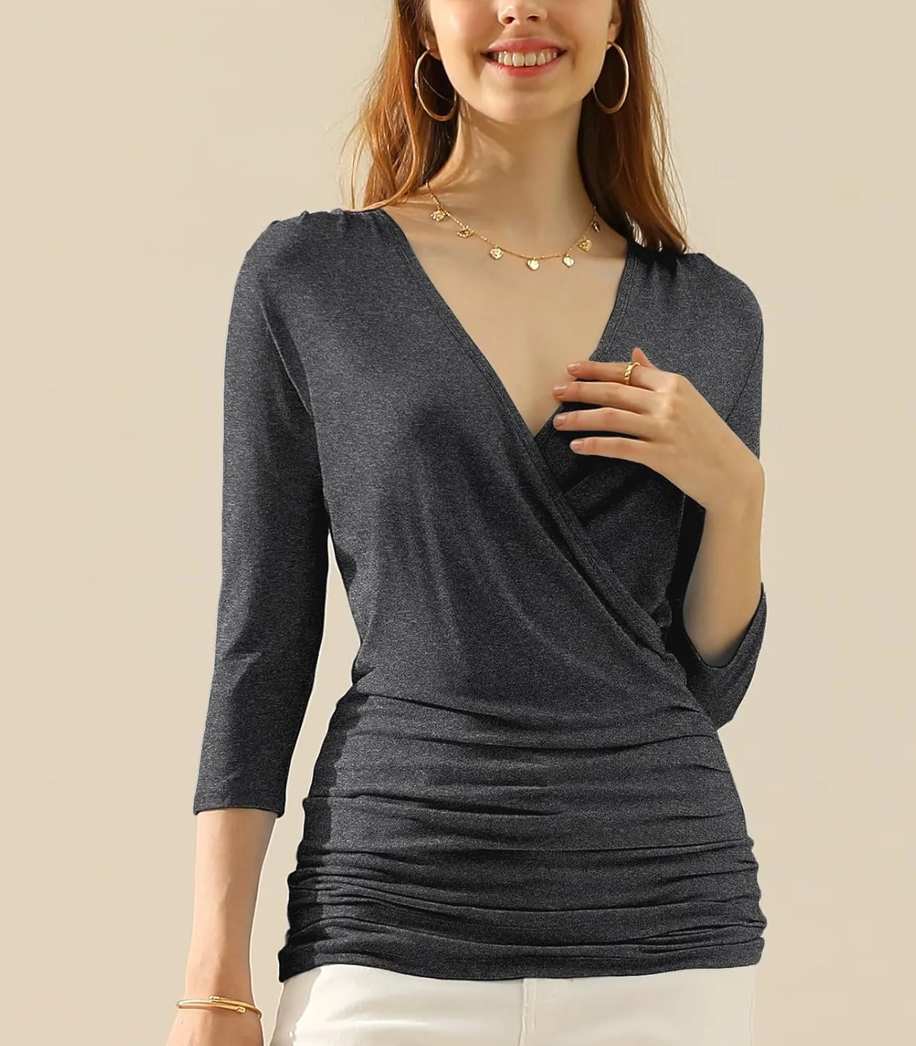 DOUBLJU 3/4 Sleeve Satin Ruched Hem Tank Tops Deep V Neck Tops Casual Basic Wrap Style T Shirts for Womens with Plus Size