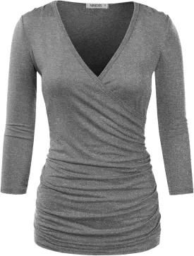 DOUBLJU 3/4 Sleeve Satin Ruched Hem Tank Tops Deep V Neck Tops Casual Basic Wrap Style T Shirts for Womens with Plus Size