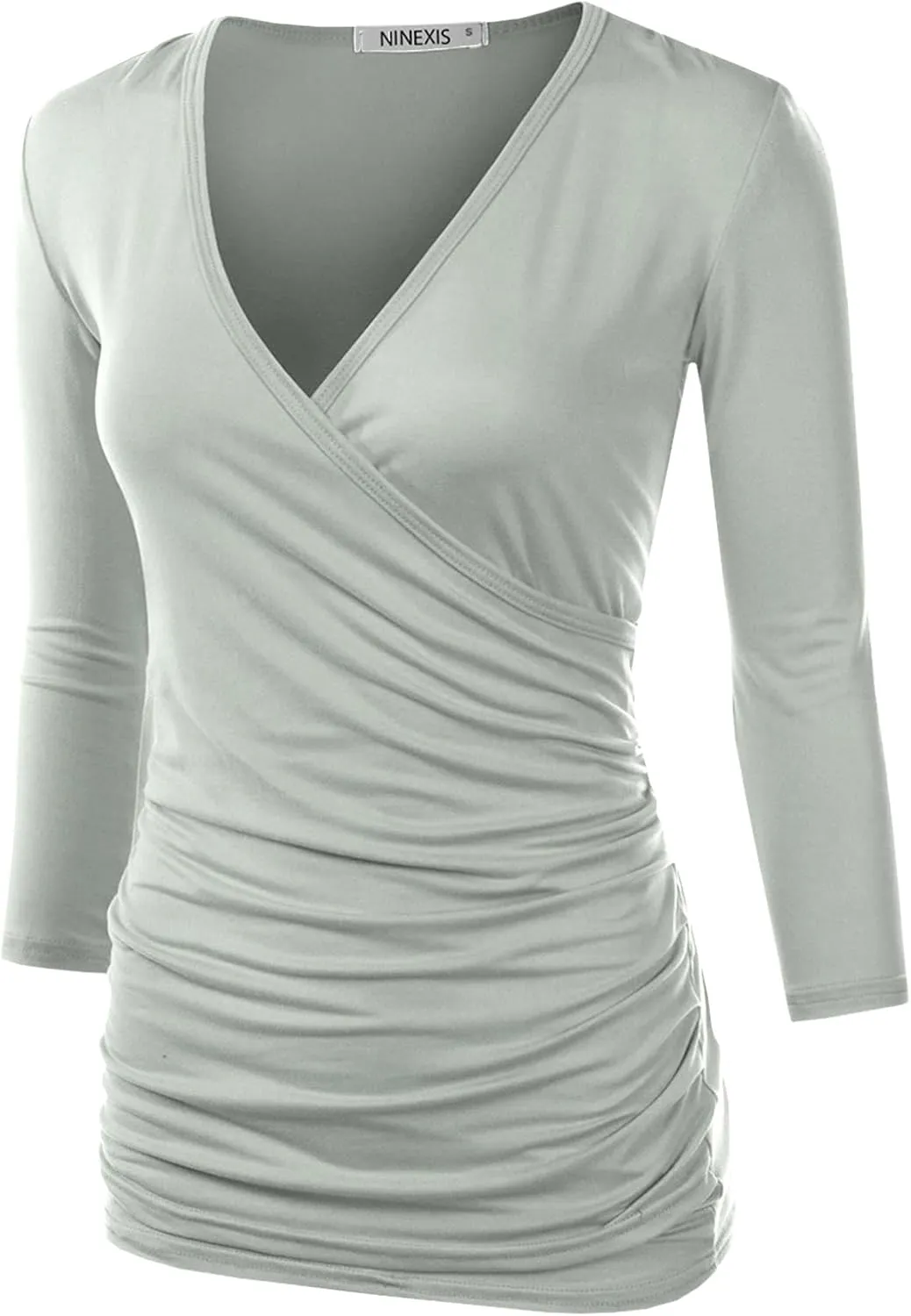 DOUBLJU 3/4 Sleeve Satin Ruched Hem Tank Tops Deep V Neck Tops Casual Basic Wrap Style T Shirts for Womens with Plus Size