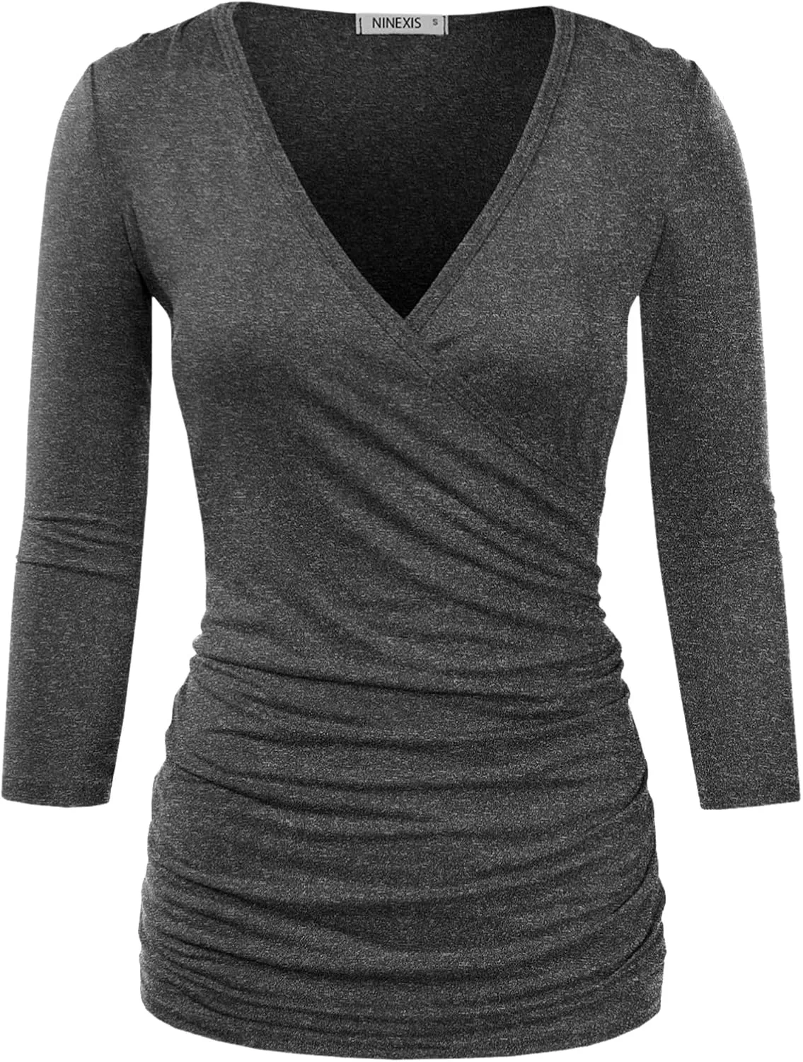 DOUBLJU 3/4 Sleeve Satin Ruched Hem Tank Tops Deep V Neck Tops Casual Basic Wrap Style T Shirts for Womens with Plus Size