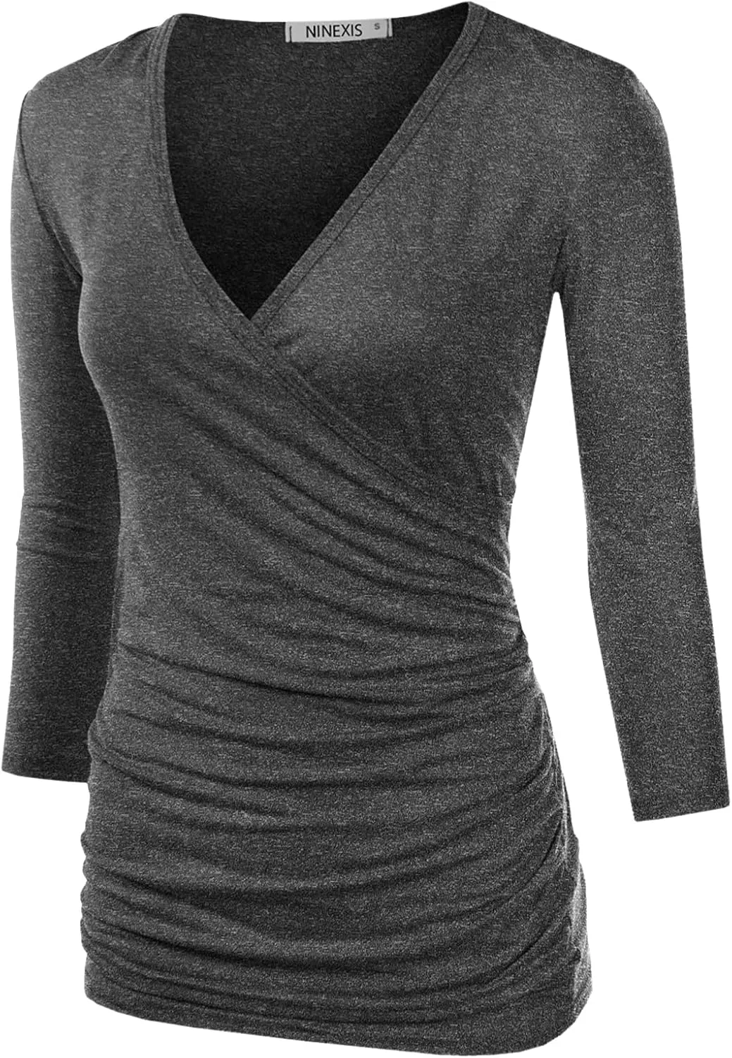 DOUBLJU 3/4 Sleeve Satin Ruched Hem Tank Tops Deep V Neck Tops Casual Basic Wrap Style T Shirts for Womens with Plus Size