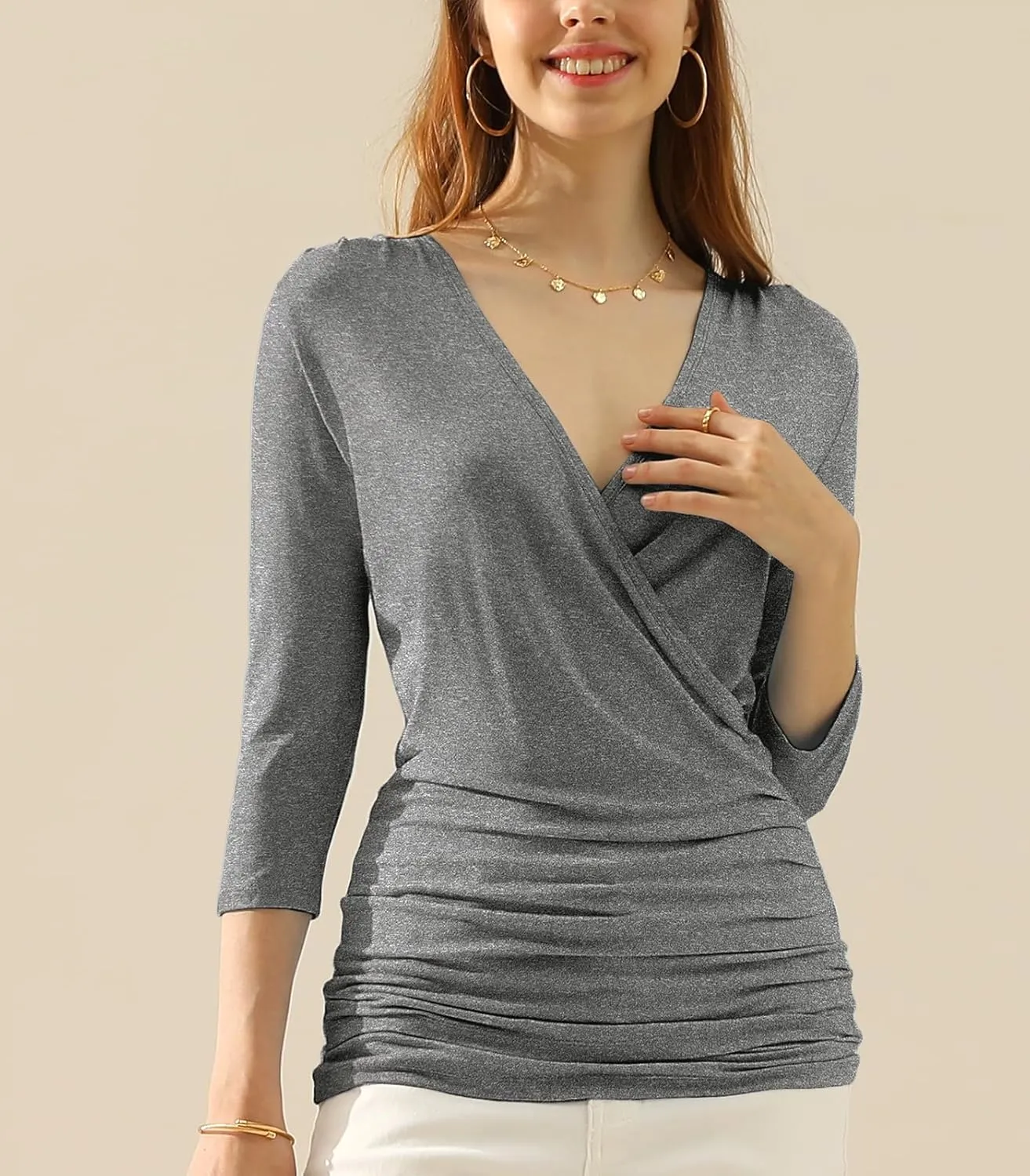 DOUBLJU 3/4 Sleeve Satin Ruched Hem Tank Tops Deep V Neck Tops Casual Basic Wrap Style T Shirts for Womens with Plus Size