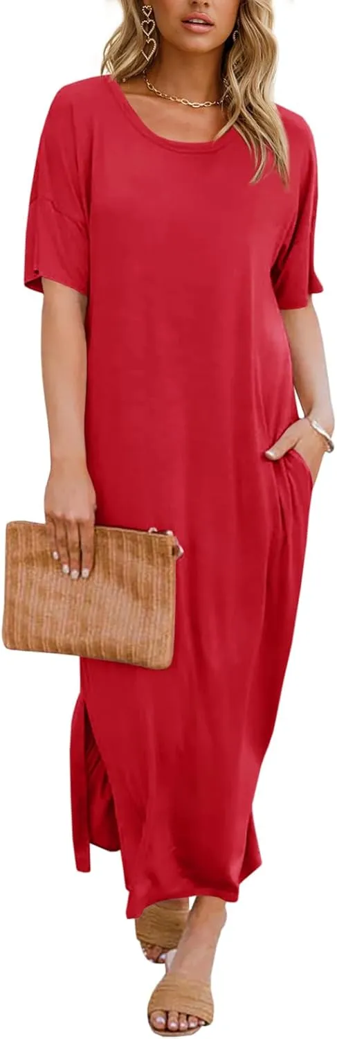 Dyexces Womens Summer T Shirt Dress Casual Drop Shoulder Round Neck Maxi Dresses Loose Side Slit Midi Dress with Pockets