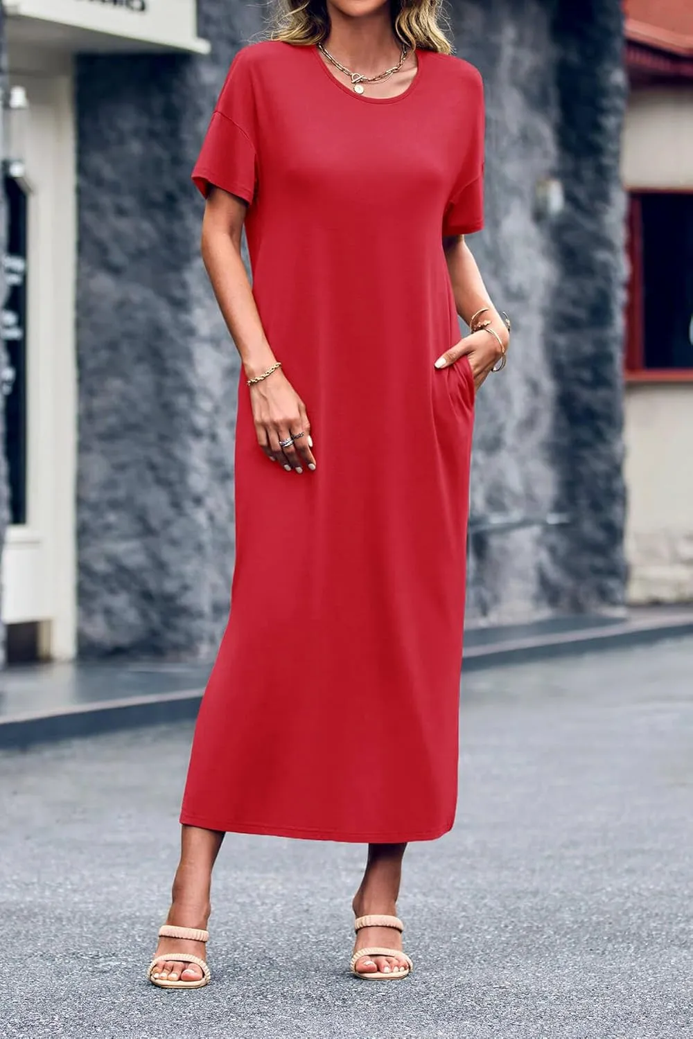 Dyexces Womens Summer T Shirt Dress Casual Drop Shoulder Round Neck Maxi Dresses Loose Side Slit Midi Dress with Pockets