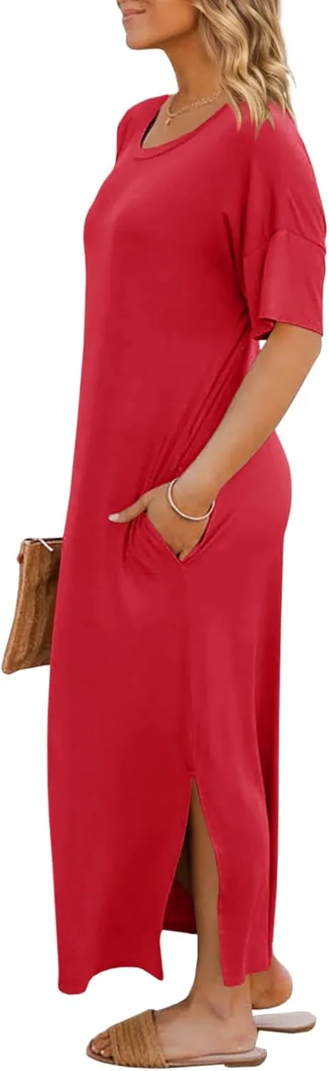 Dyexces Womens Summer T Shirt Dress Casual Drop Shoulder Round Neck Maxi Dresses Loose Side Slit Midi Dress with Pockets