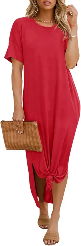 Dyexces Womens Summer T Shirt Dress Casual Drop Shoulder Round Neck Maxi Dresses Loose Side Slit Midi Dress with Pockets
