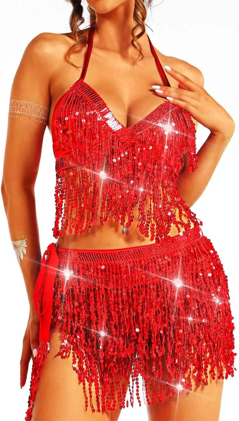 EARENT Belly Dance Sequin Skirt Sparkly Rave Fringe Top Set for Women