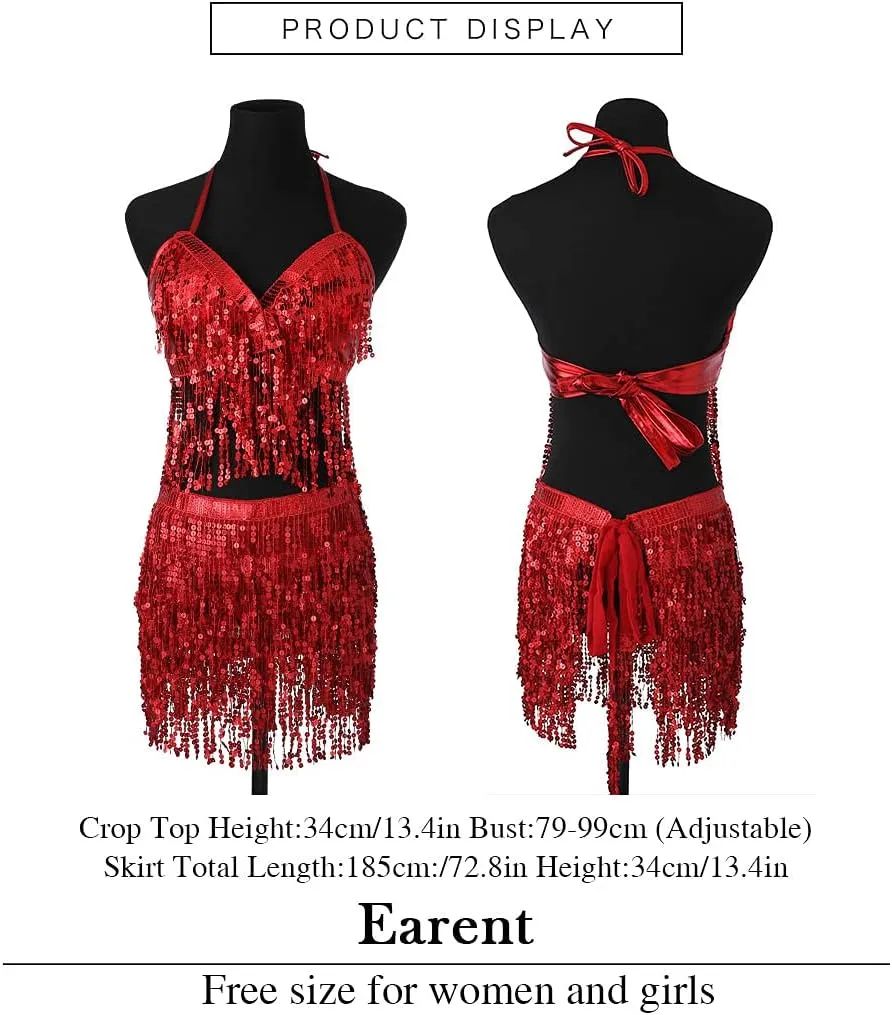 EARENT Belly Dance Sequin Skirt Sparkly Rave Fringe Top Set for Women