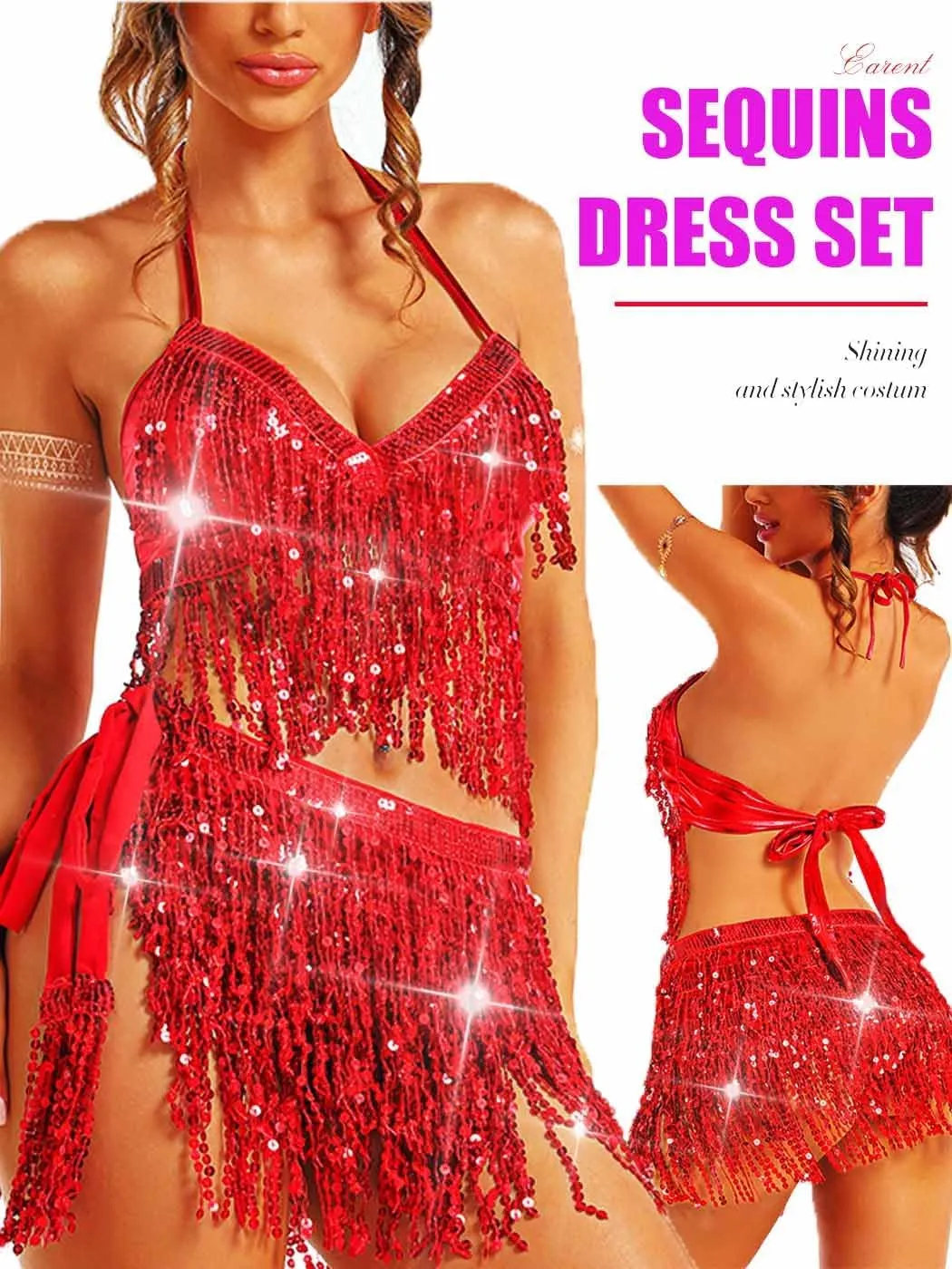 EARENT Belly Dance Sequin Skirt Sparkly Rave Fringe Top Set for Women